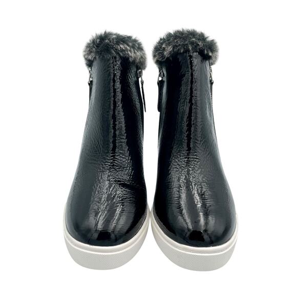 Linea Paolo Foxie Bootie Black Patent Leather Faux Fur Trim Wedge Sneakers - Picture 2 of 11